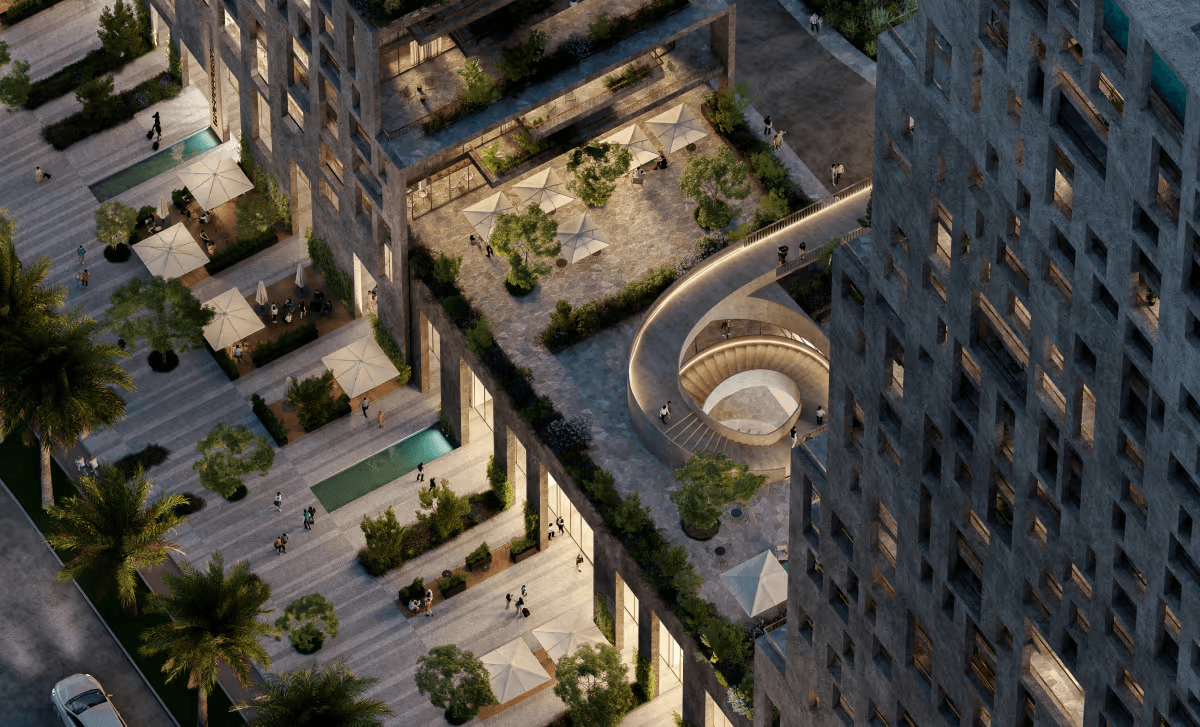 Resort terrace with stone architecture and outdoor seating